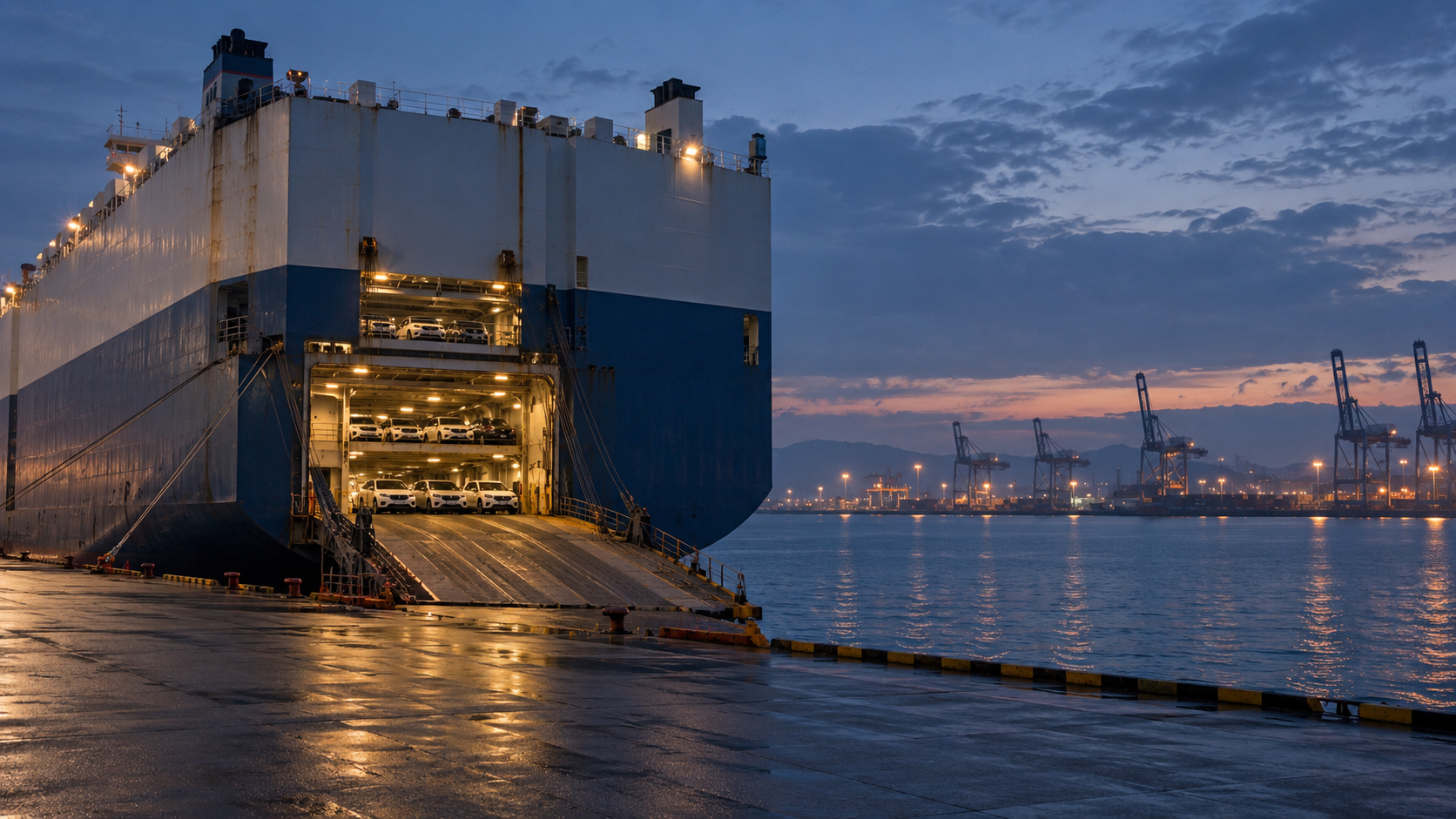 An unbranded vehicle carrier at a dawn harbor, with plain cars visible inside its open stern.