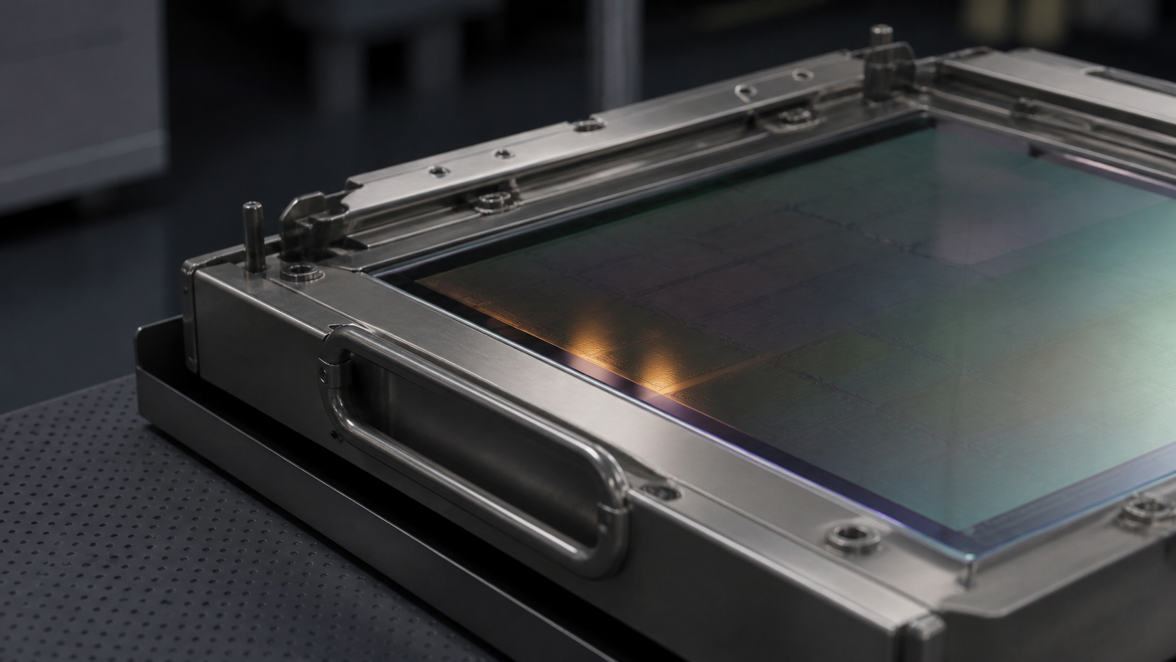 Unbranded rectangular photomask resting in a stainless-steel reticle carrier under cleanroom light