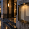 An unbranded brass-framed notice case outside a stone commercial building after rain.
