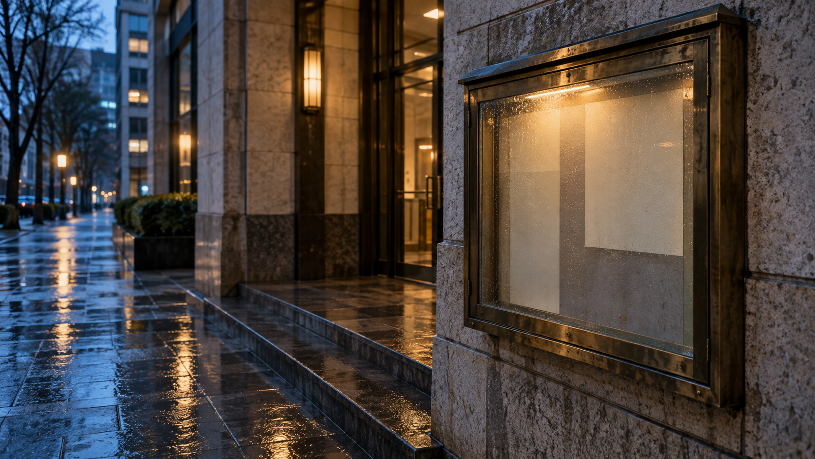 An unbranded brass-framed notice case outside a stone commercial building after rain.