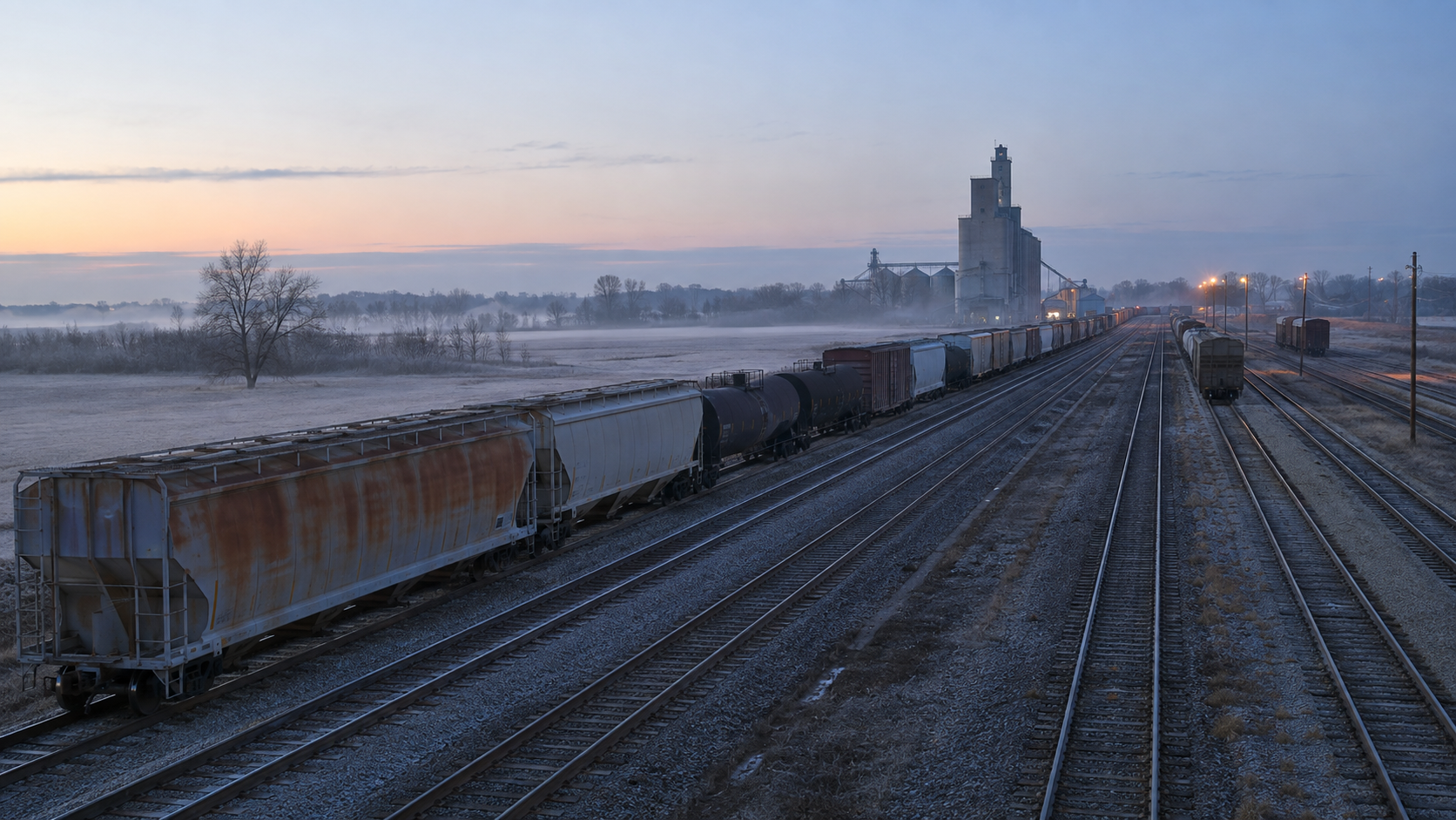 Unbranded freight train and parallel tracks crossing a misty rural rail yard at dawn