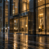 Rainy nighttime exterior of an unbranded glass-fronted financial-services building, with one pedestrian passing