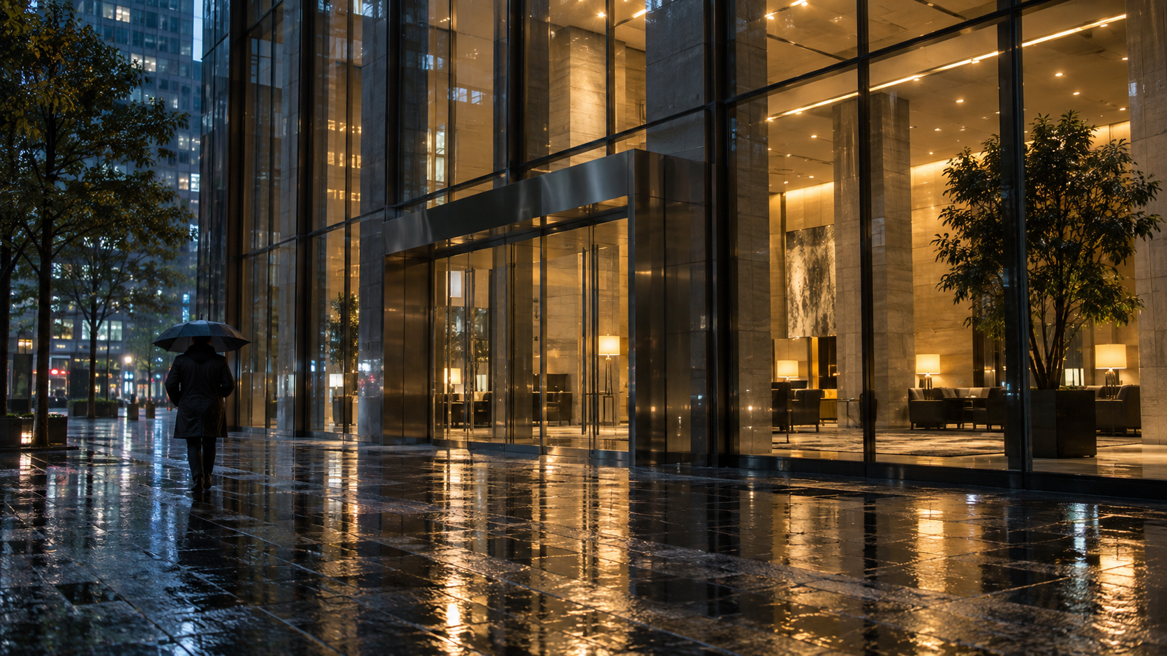 Rainy nighttime exterior of an unbranded glass-fronted financial-services building, with one pedestrian passing