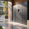 Anonymous parcel lockers in a sunlit apartment courtyard