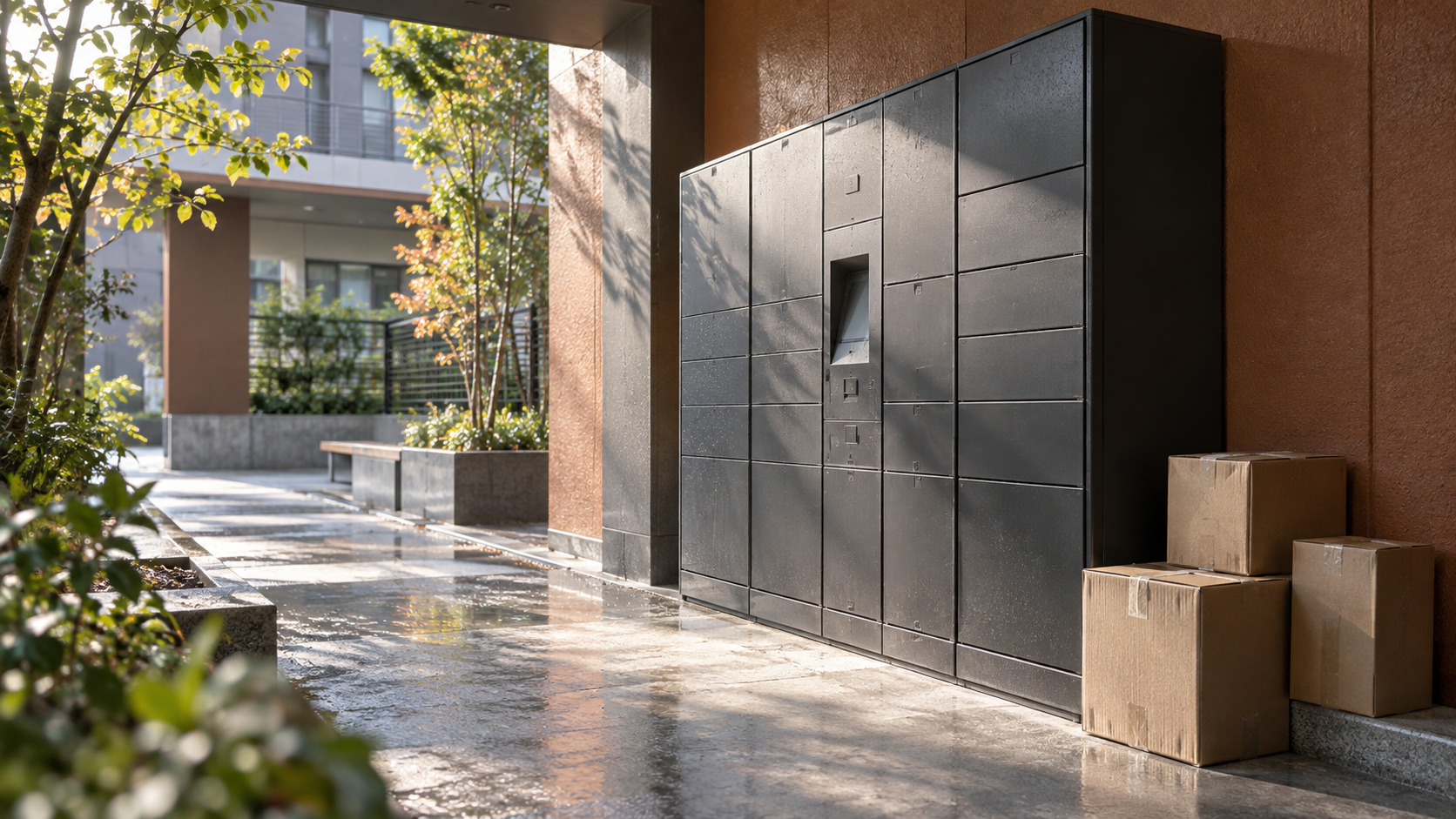 Anonymous parcel lockers in a sunlit apartment courtyard
