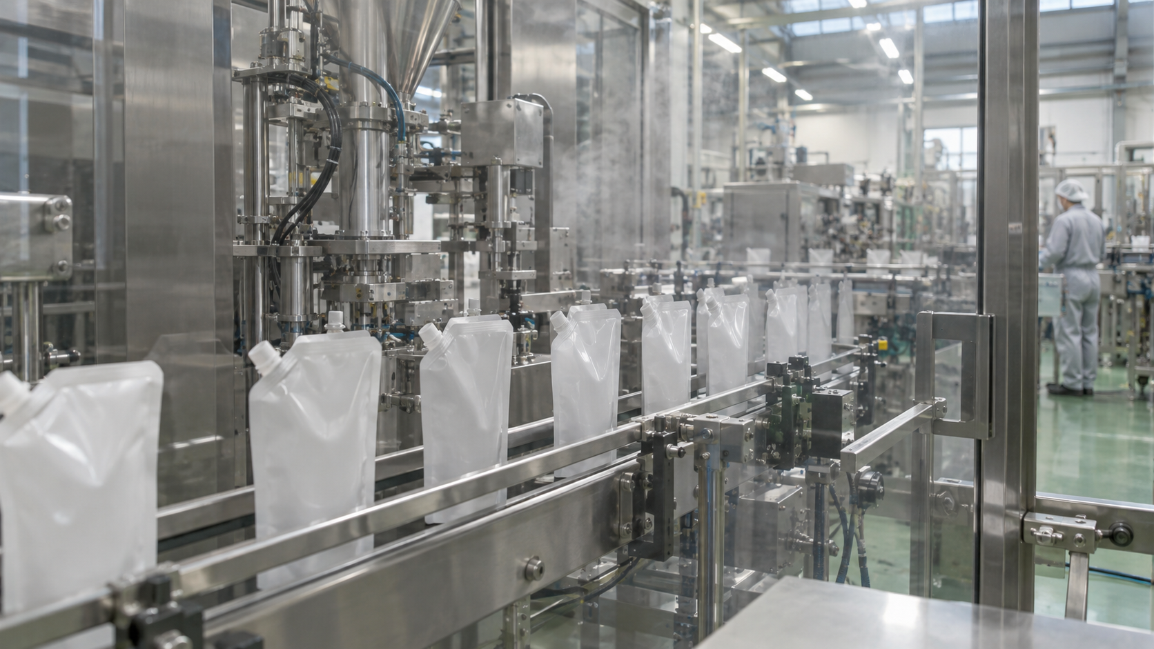 Unbranded refill pouches moving through a clean production line