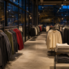 An unbranded modern apparel store after closing, with orderly racks of neutral technical clothing under warm lights