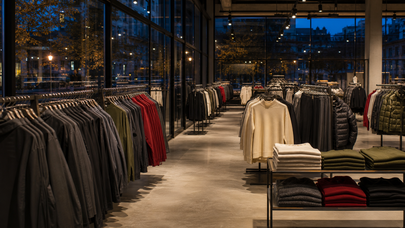 An unbranded modern apparel store after closing, with orderly racks of neutral technical clothing under warm lights