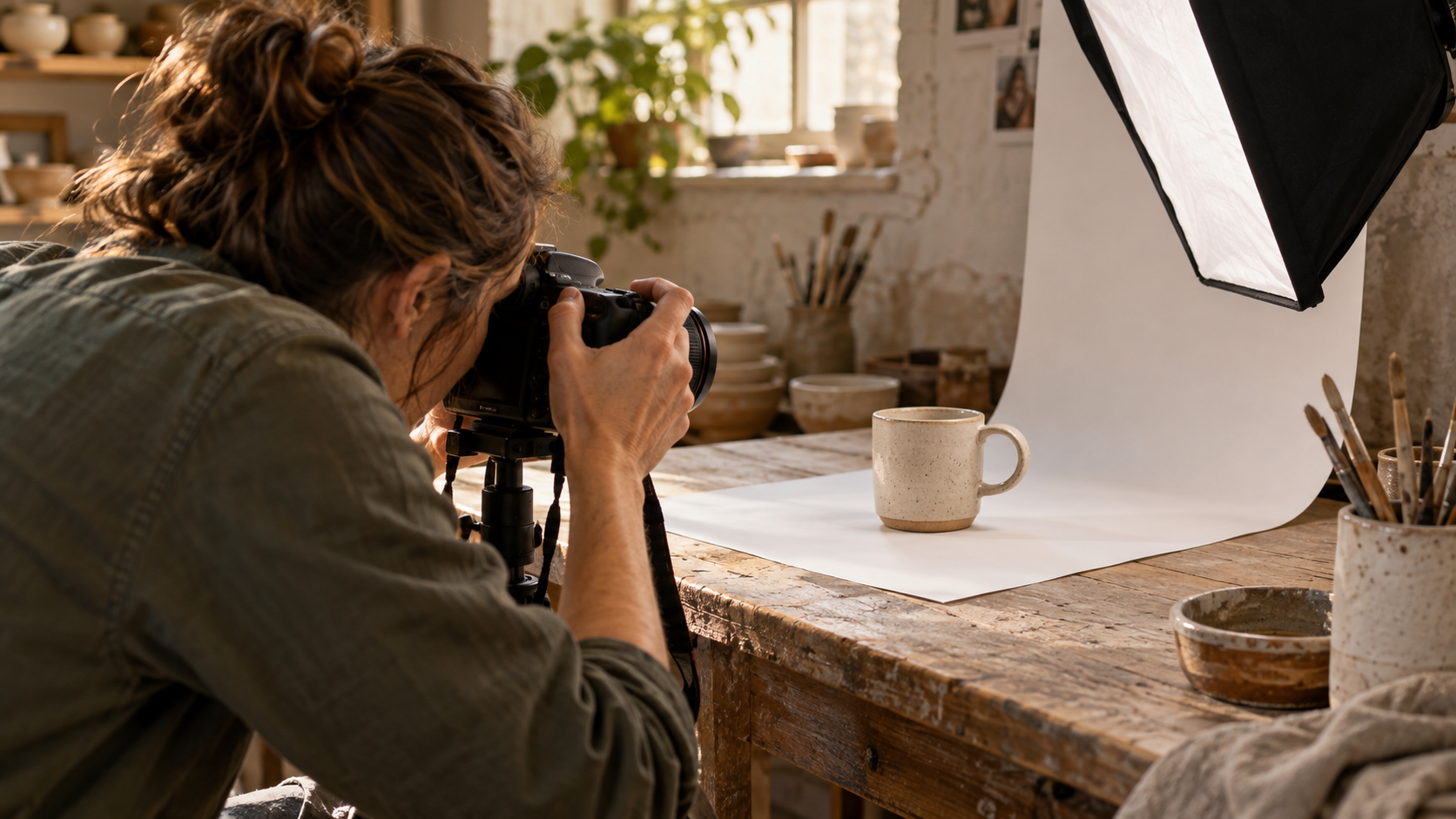An independent ceramic maker photographs an unbranded mug in a small workshop.