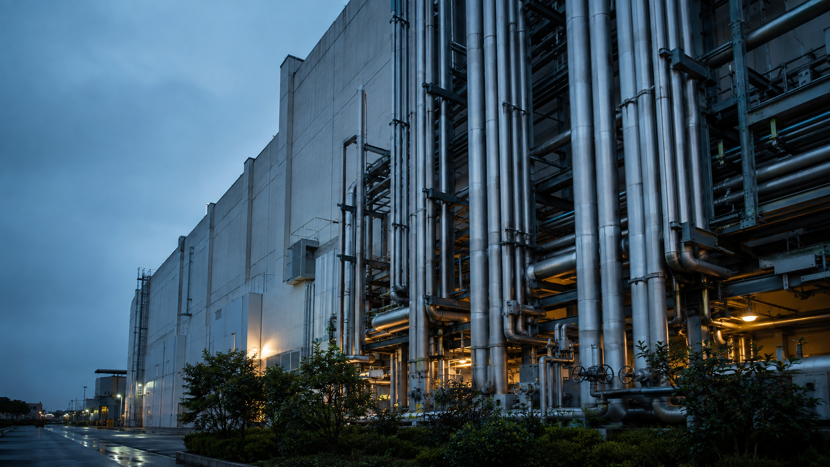 Semiconductor cleanroom utility infrastructure at blue hour