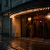 People entering an unbranded cinema on a rain-wet evening street