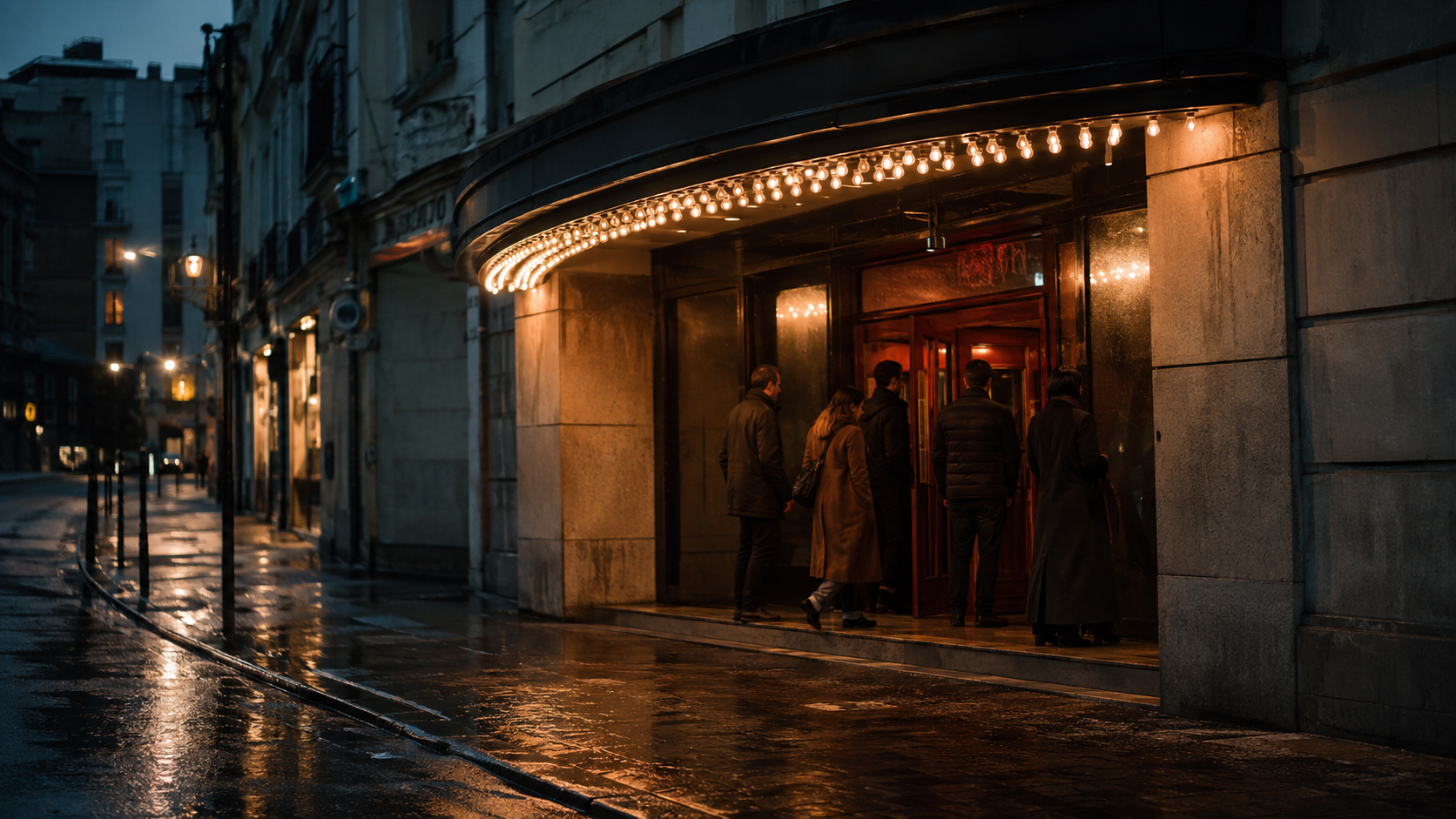 People entering an unbranded cinema on a rain-wet evening street