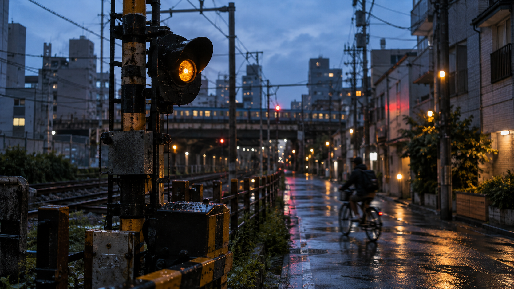 An unbranded amber railway signal beside a rain-wet city street at blue hour, with a cyclist passing in the background.