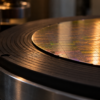 A bare silicon wafer rests on a dark precision ceramic chuck under warm workshop light.