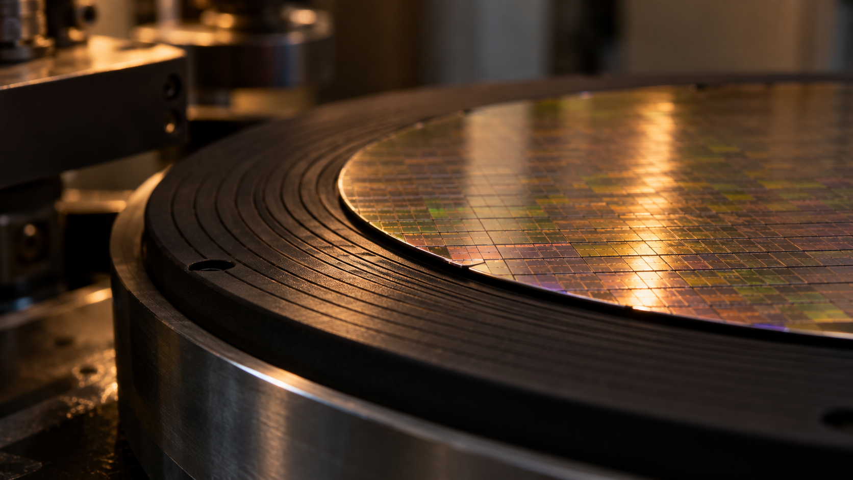 A bare silicon wafer rests on a dark precision ceramic chuck under warm workshop light.
