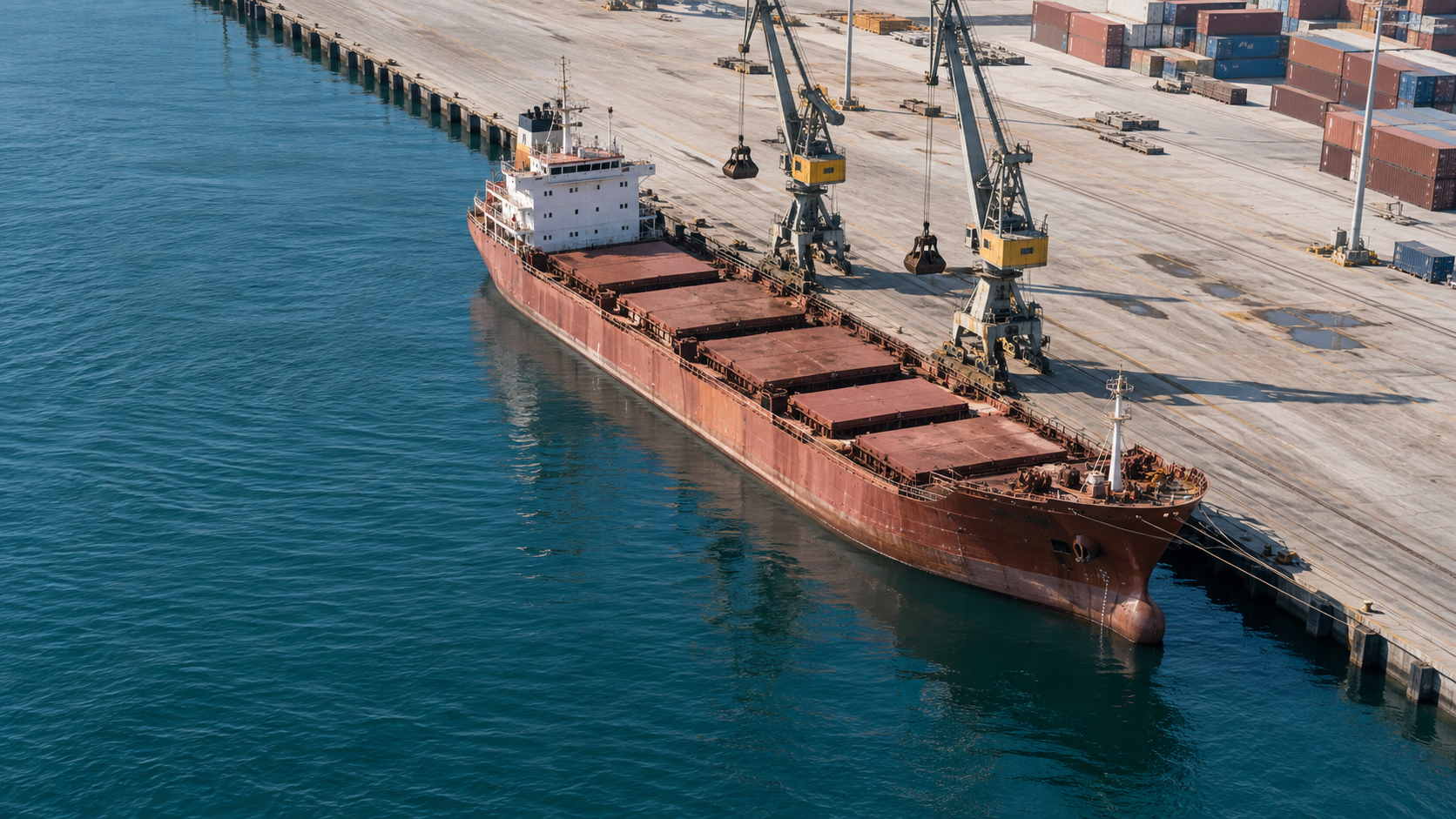 An unbranded cargo vessel lies beside a concrete quay and loading cranes in a working harbor.