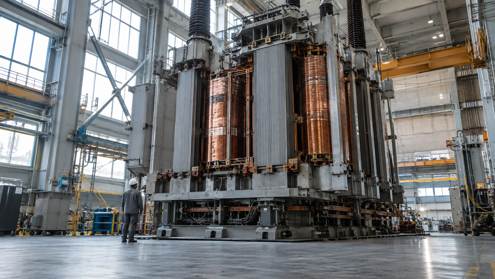 Unbranded high-voltage transformer assembly inside a large industrial hall.