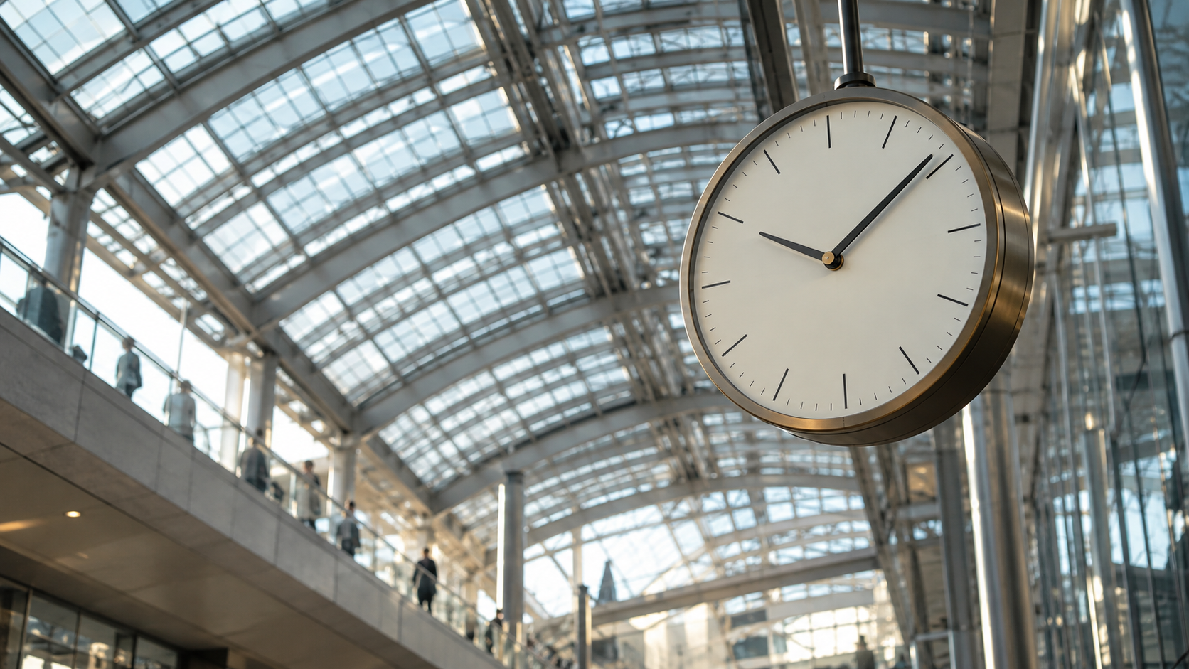 An unbranded analog clock hangs beneath a glass-and-steel urban transit canopy.