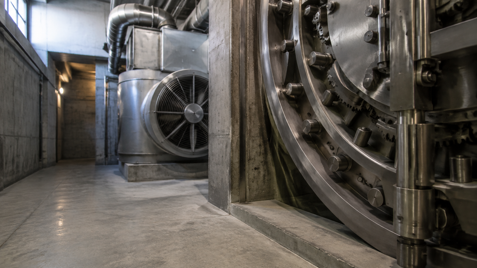 Unbranded steel vault mechanism and ventilation equipment in a quiet concrete service corridor