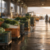 Dawn light across unbranded vegetable crates in a wholesale market aisle