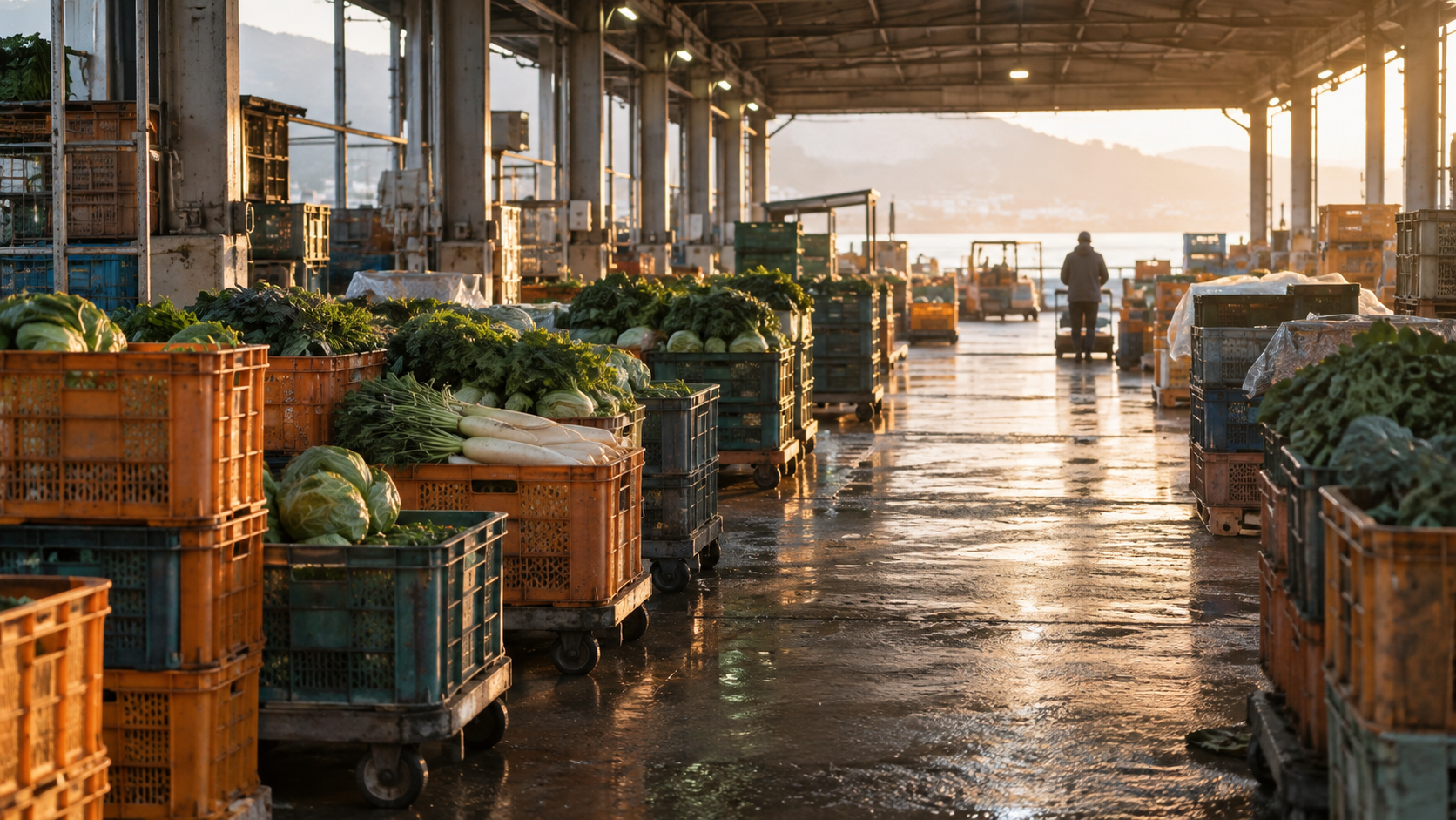 Dawn light across unbranded vegetable crates in a wholesale market aisle