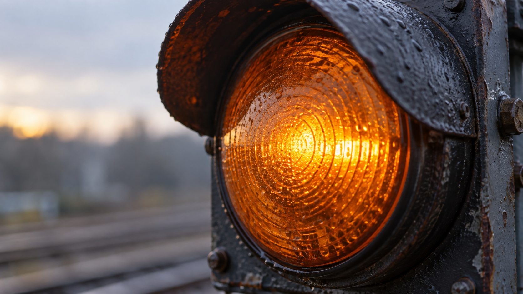 A rain-beaded amber signal lens in an unbranded weathered metal housing.