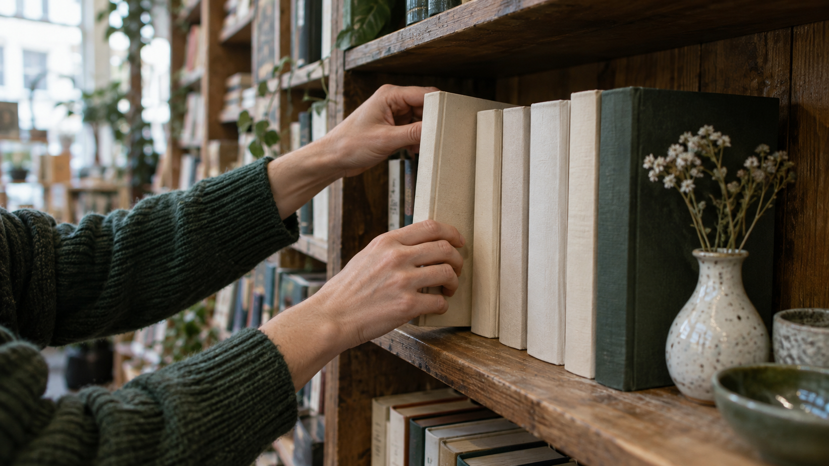 A bookseller arranges unbranded books on a wooden display shelf.