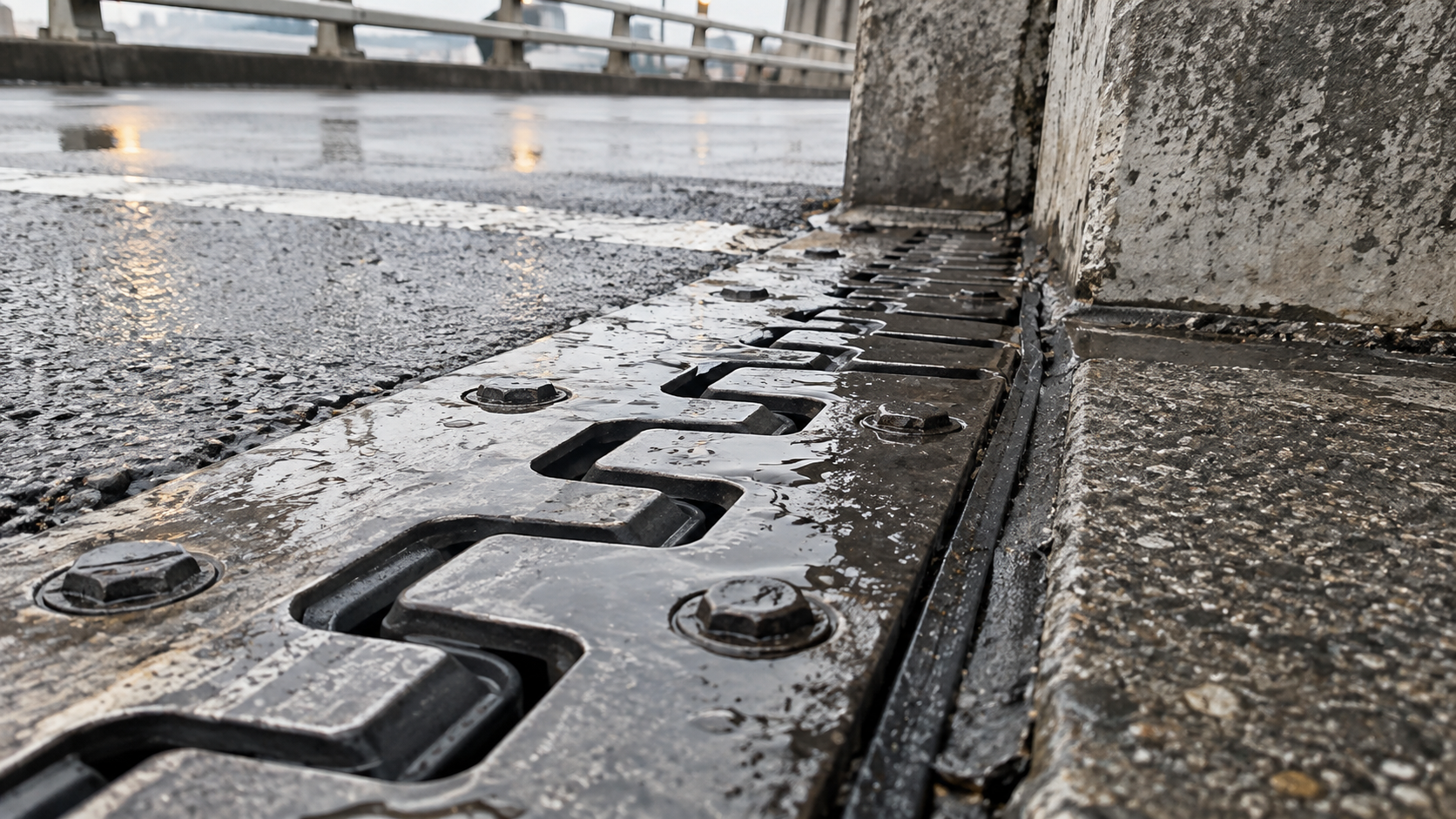 A close view of a rain-damp steel expansion joint beside a weathered concrete bridge support.