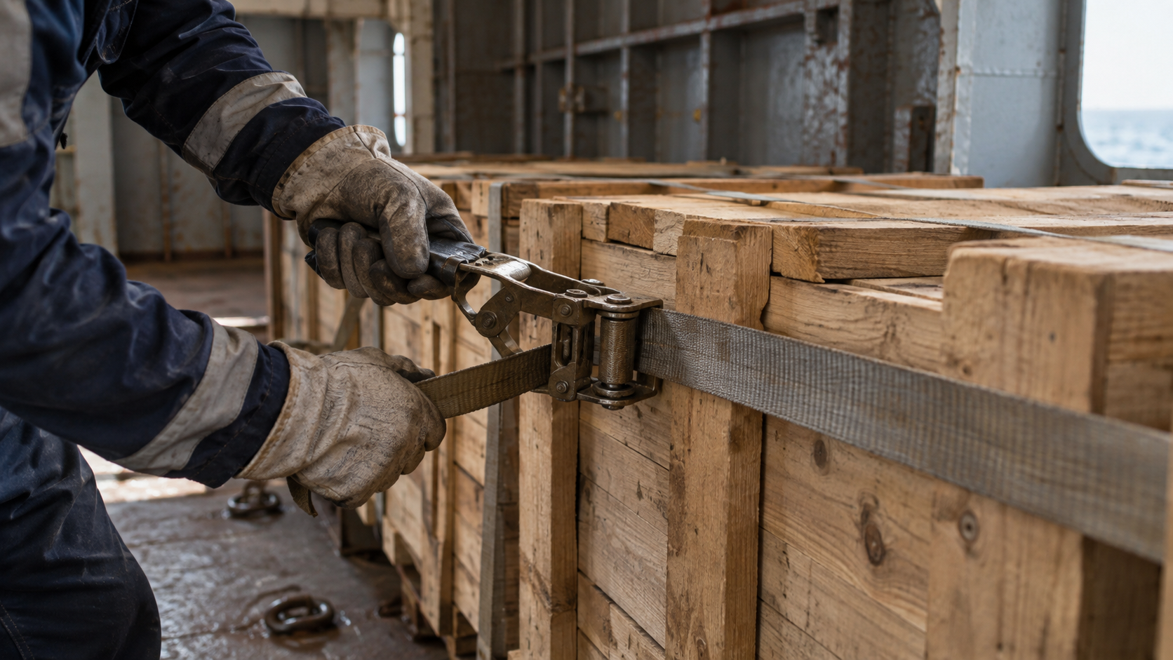 Gloved hands tighten a plain cargo strap around unbranded wooden crates inside a generic ship hold.
