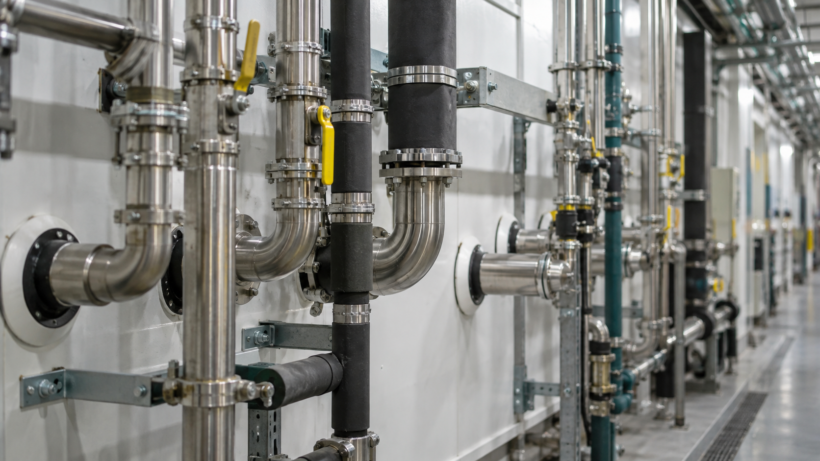 Stainless cleanroom utility pipes and valves in a semiconductor service corridor