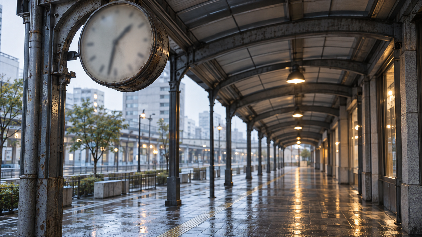 A softly unfocused unbranded analog clock above an empty rain-wet arcade.