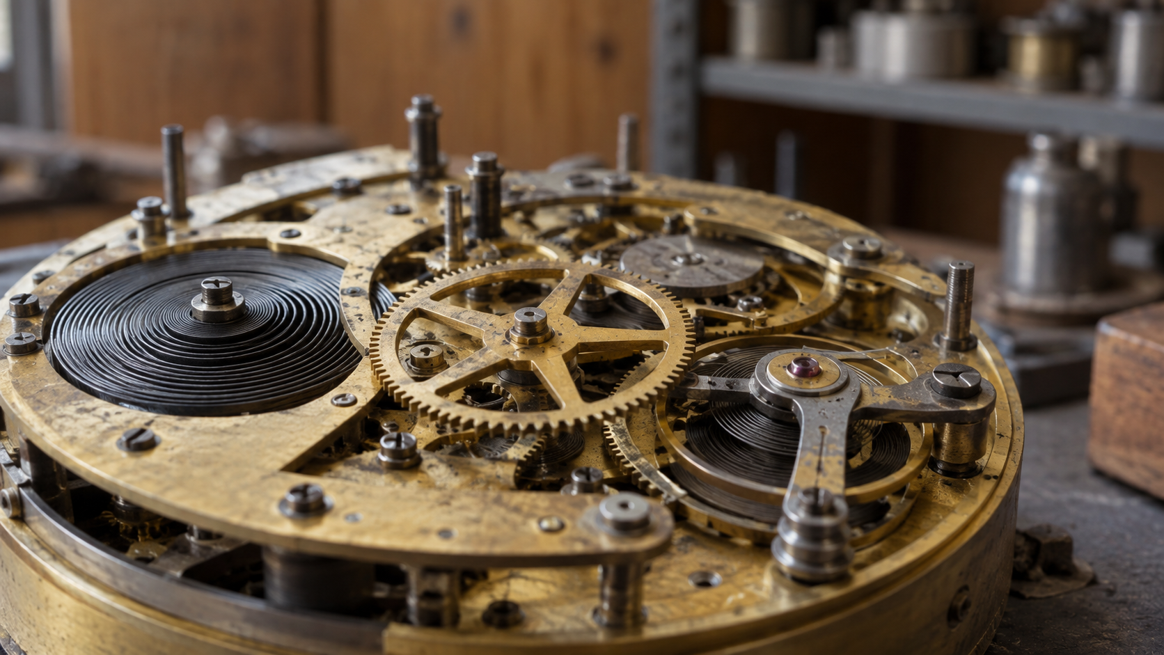 Close view of an unbranded brass-and-steel mechanical clock movement in a repair workshop.