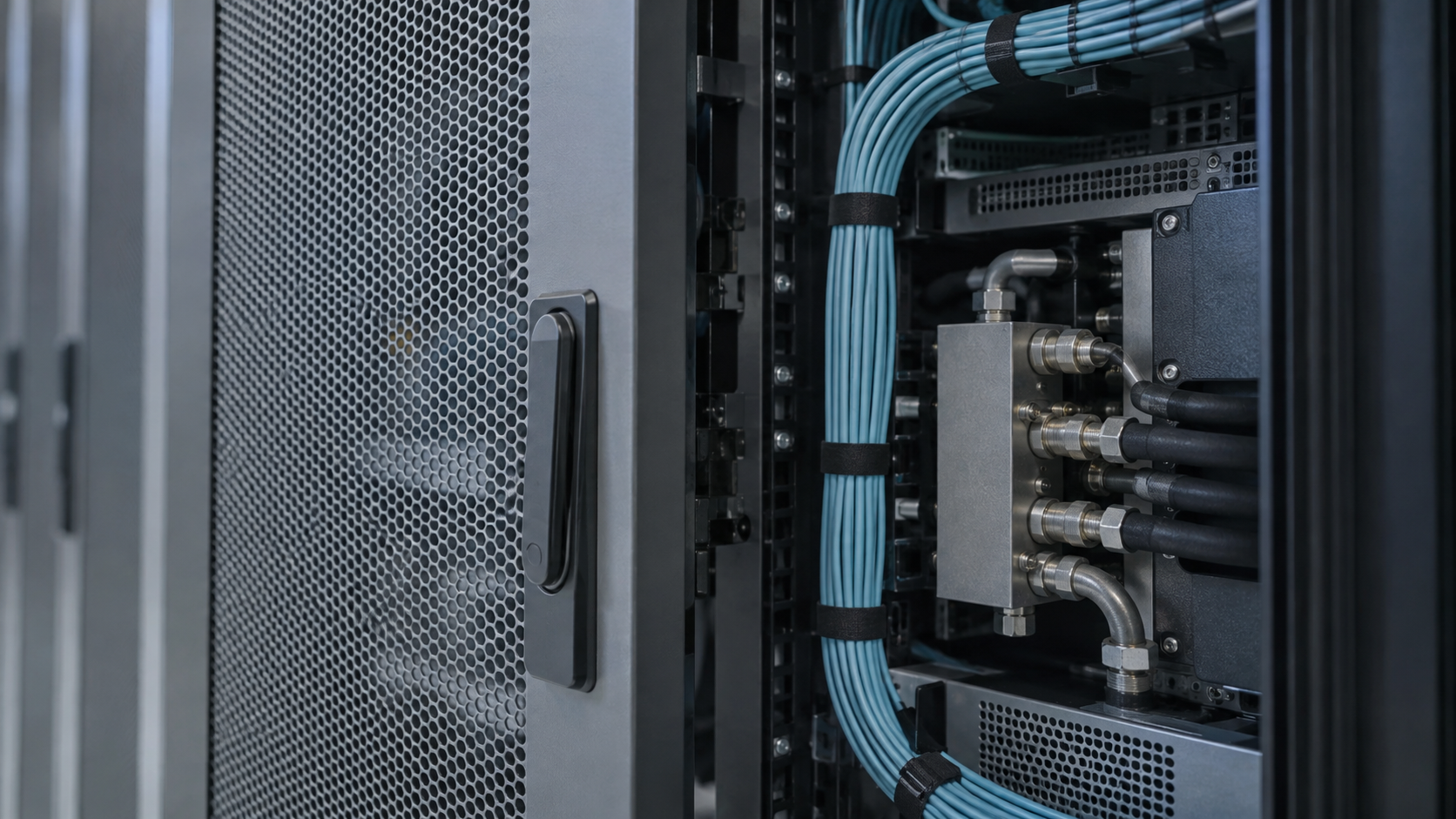 An open unbranded server rack shows bundled blue cables and a compact cooling manifold.