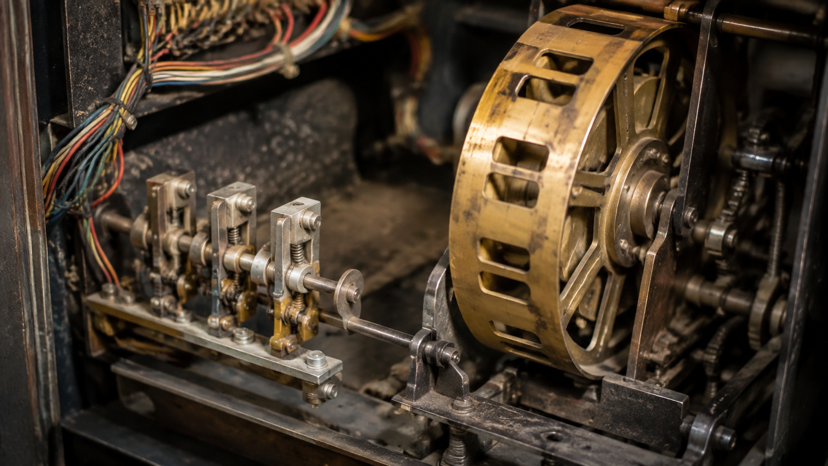 Close view of an unbranded electromechanical arcade mechanism with a brass wheel and switches.