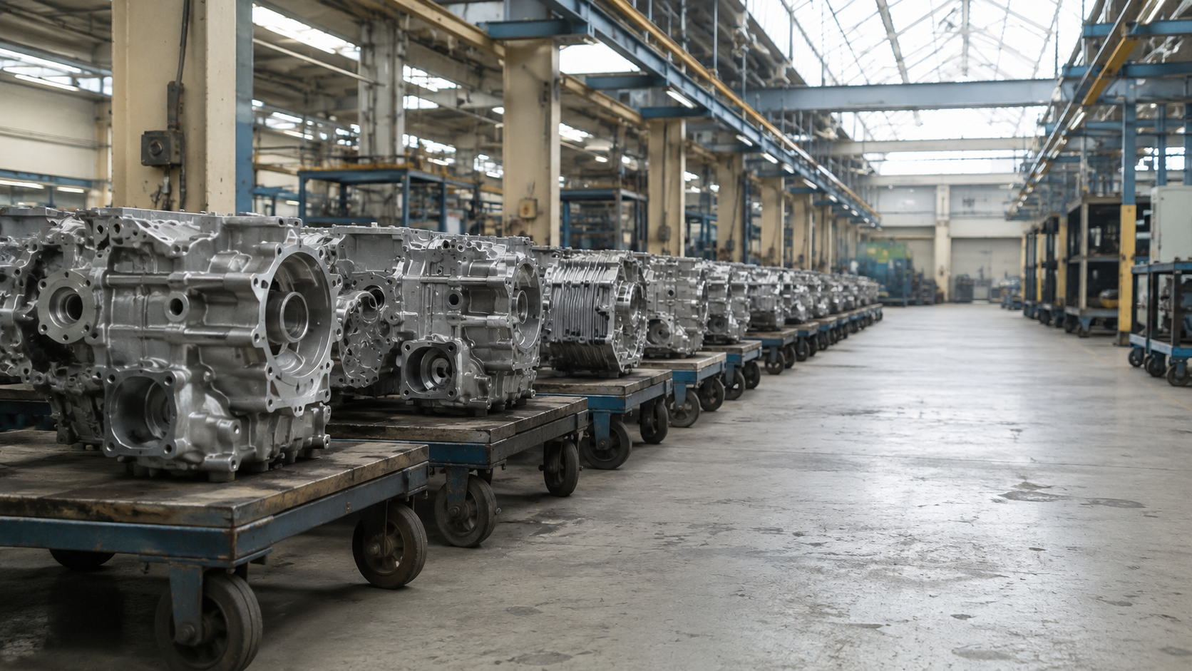 Unbranded aluminum engine casings on rolling carts in a skylit industrial hall