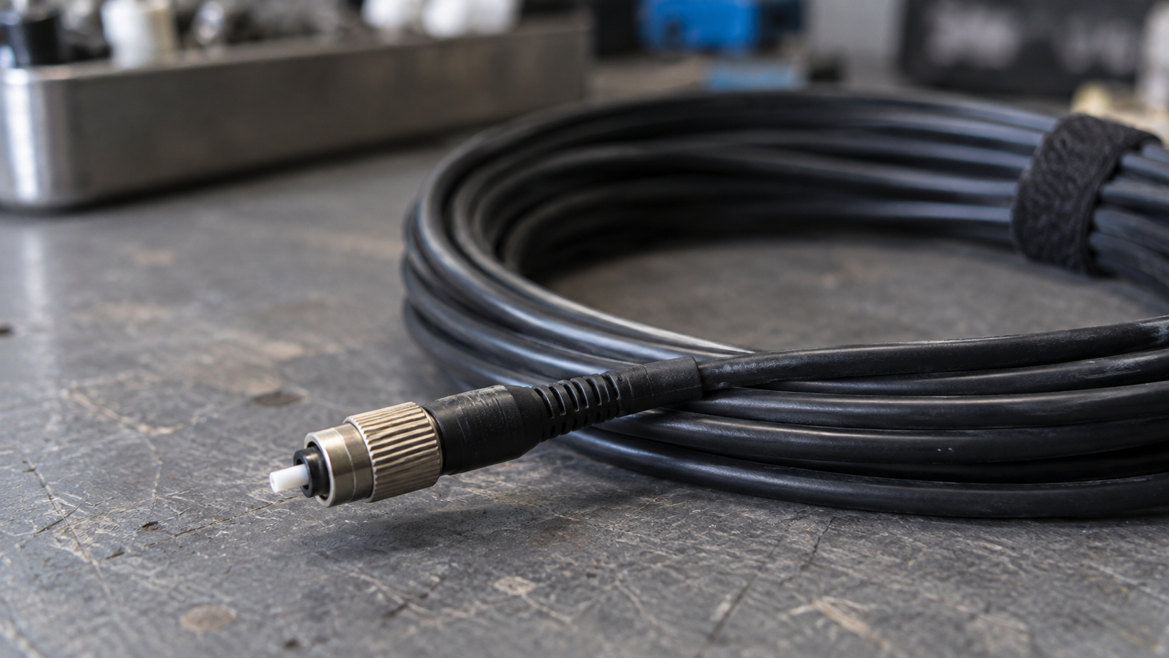 A close view of an unbranded fiber connector and coiled cable on a worn work surface.
