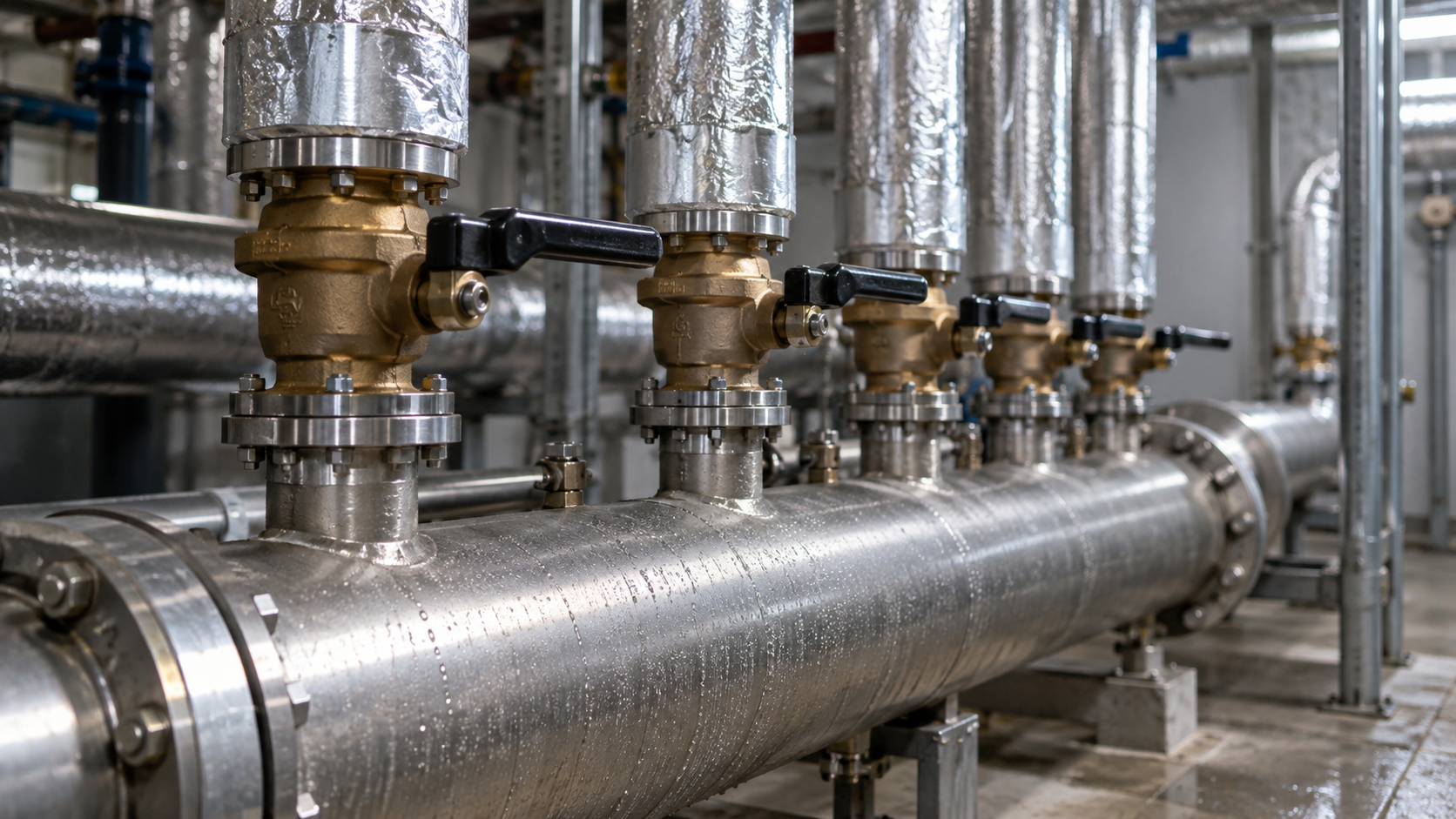 Parallel valves and insulated pipes on an unbranded commercial-building manifold