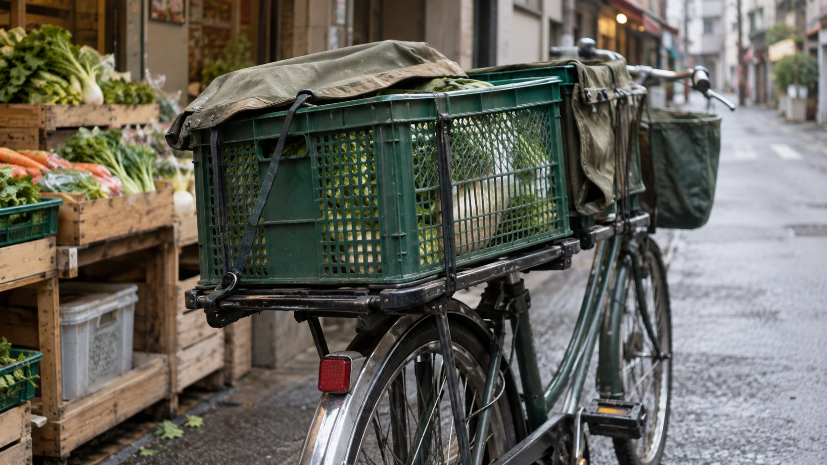 Unbranded cargo bicycle beside a neighborhood produce stall