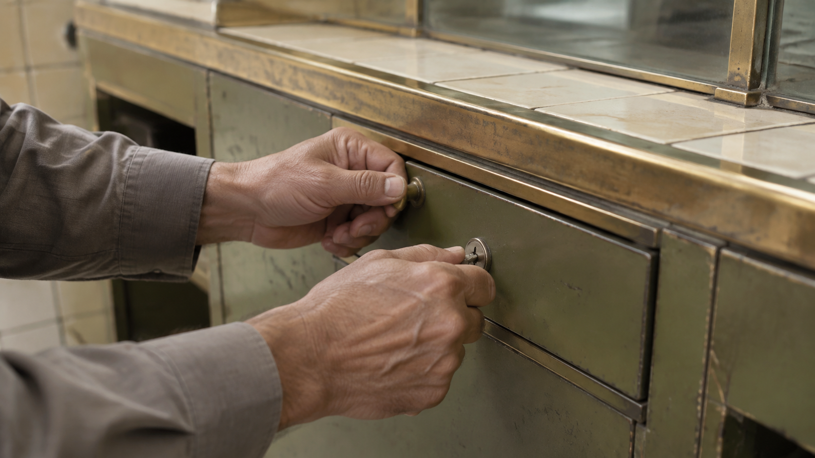 Hands locking an unbranded olive-green metal cash drawer at a tiled counter
