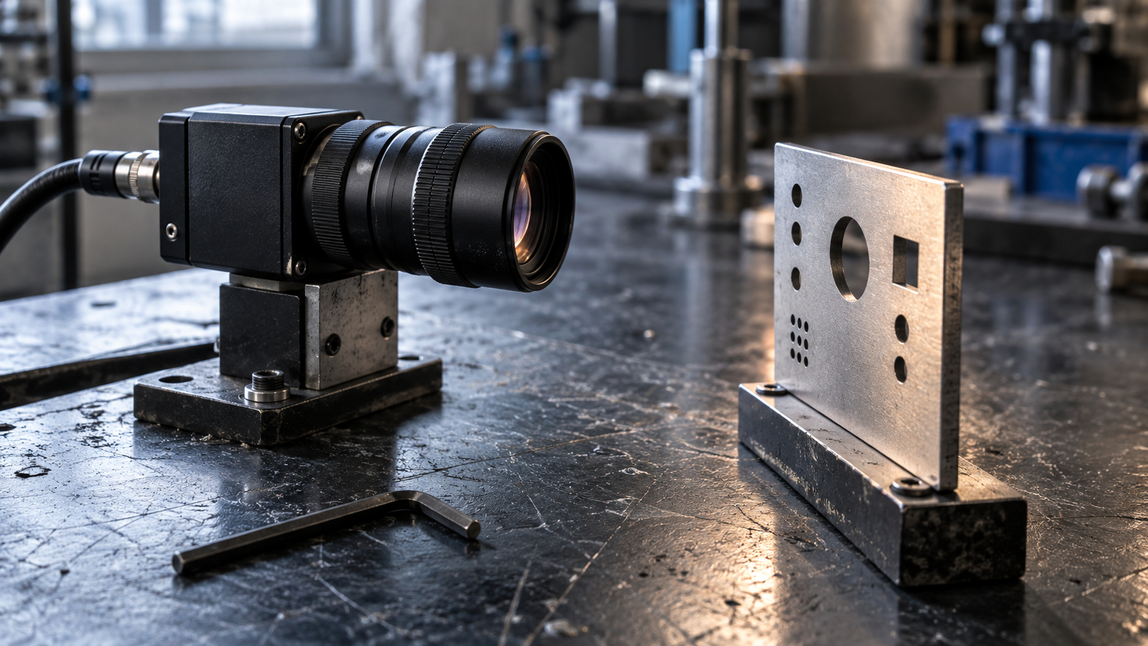 An unbranded industrial machine-vision lens faces a perforated metal calibration target on a workbench.