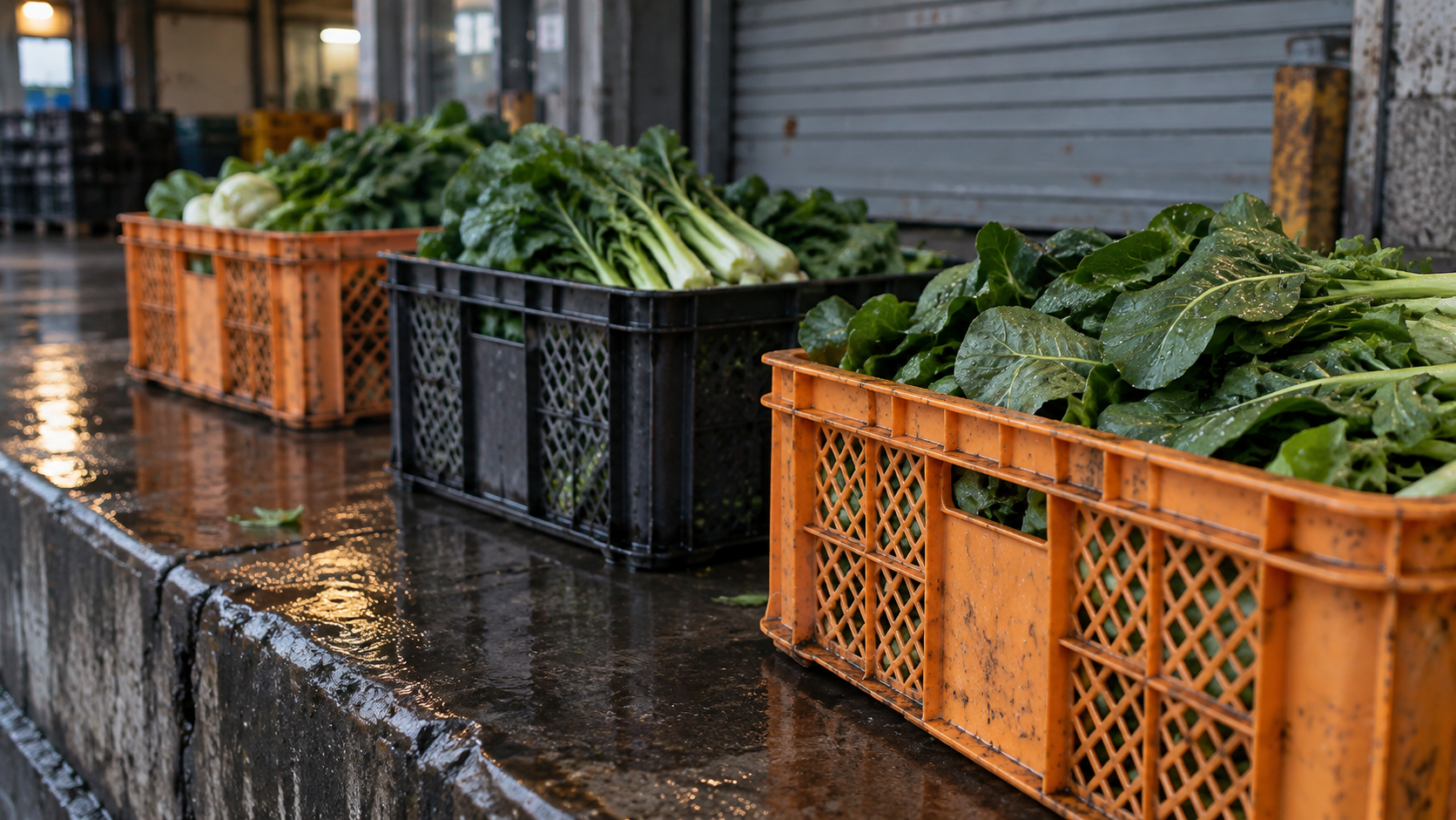 Leafy vegetables in weathered unbranded crates on a wet loading ramp