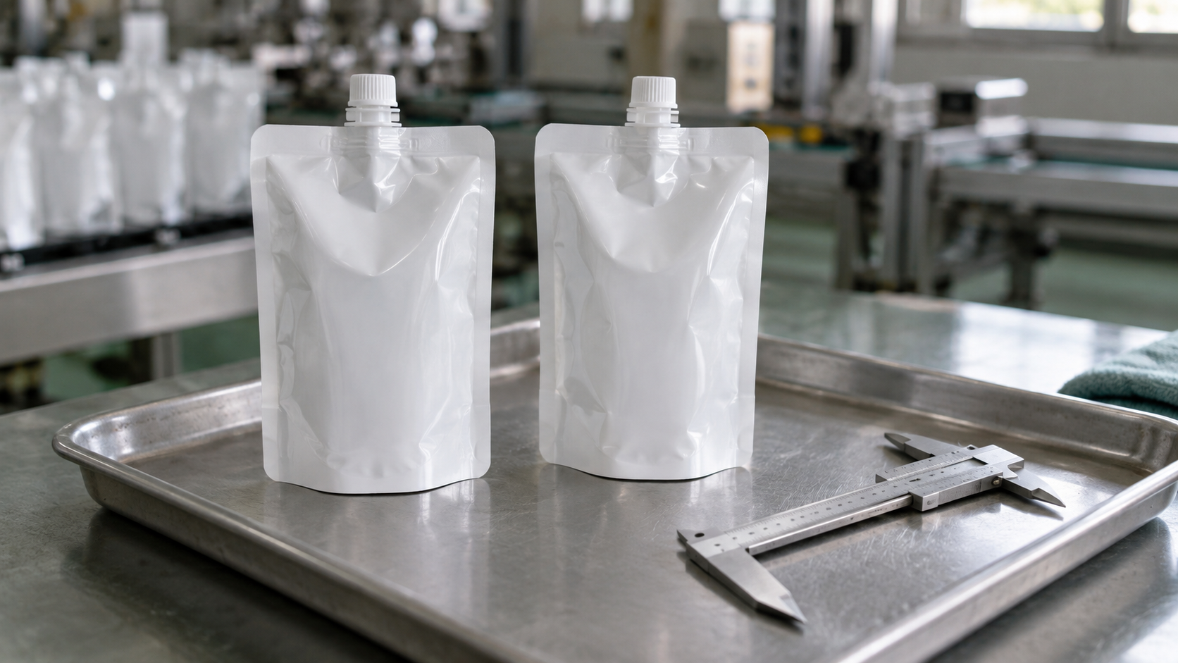 Two unbranded refill pouches on a steel tray