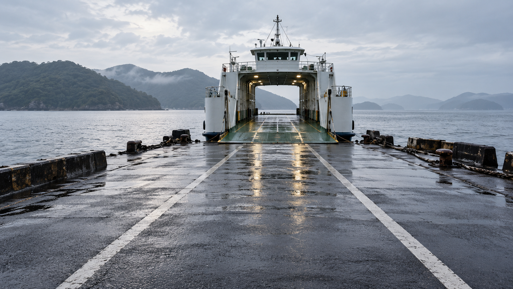 Two wet vehicle lanes lead to an unbranded coastal ferry ramp.