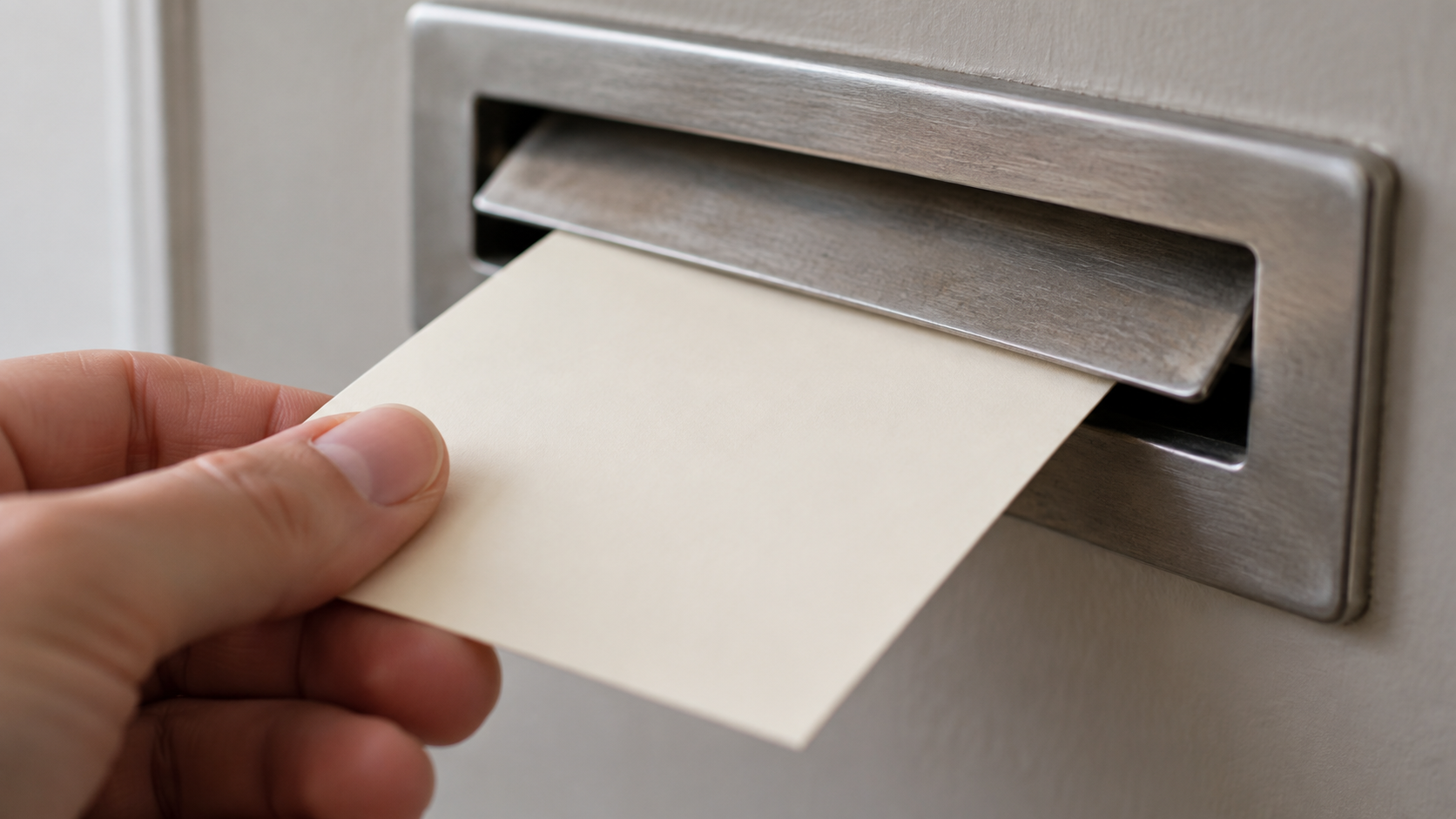 A hand slides a blank cream card through an unbranded brushed-metal mail slot.