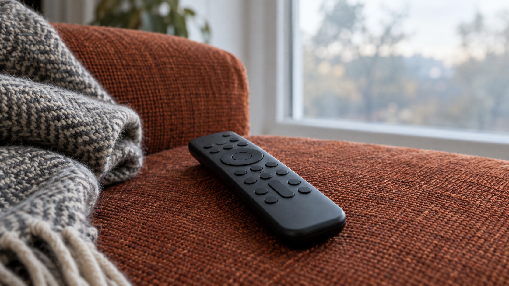 An unbranded black television remote control on rust-coloured sofa fabric beside a folded wool throw