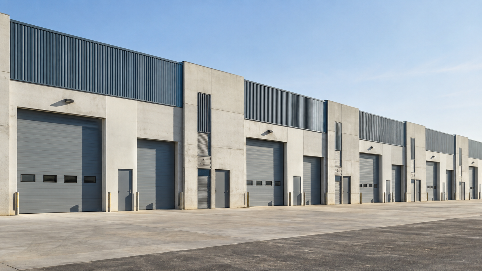 Modular warehouse facade with repeating industrial bays