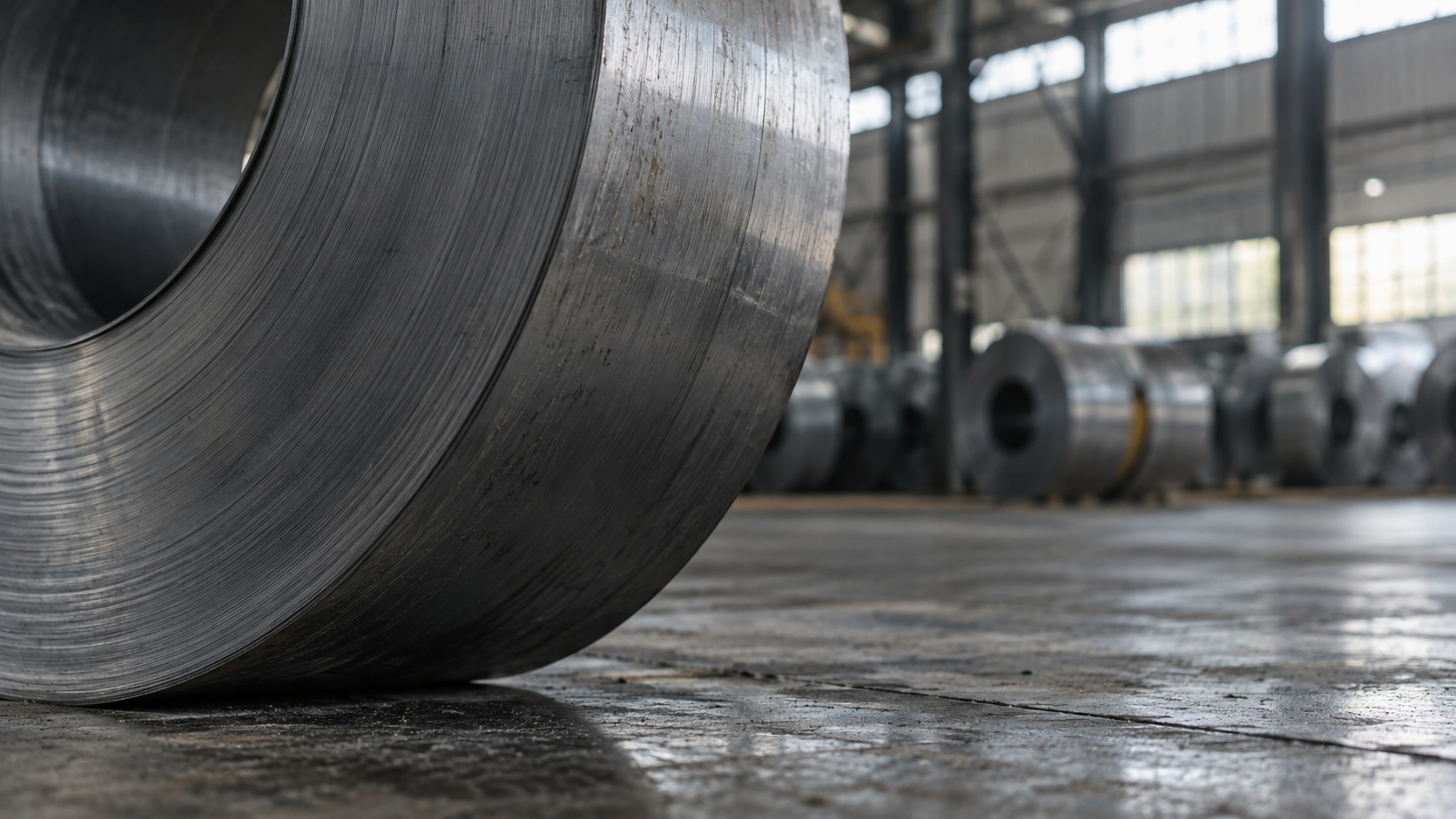 A close view of an unbranded cooled steel coil with machining marks in a warehouse.