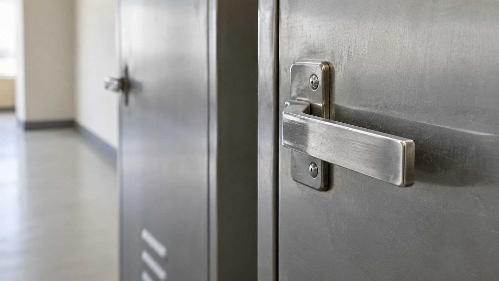 A plain brushed-steel lever latch is in focus on an unmarked metal locker door in a quiet corridor.