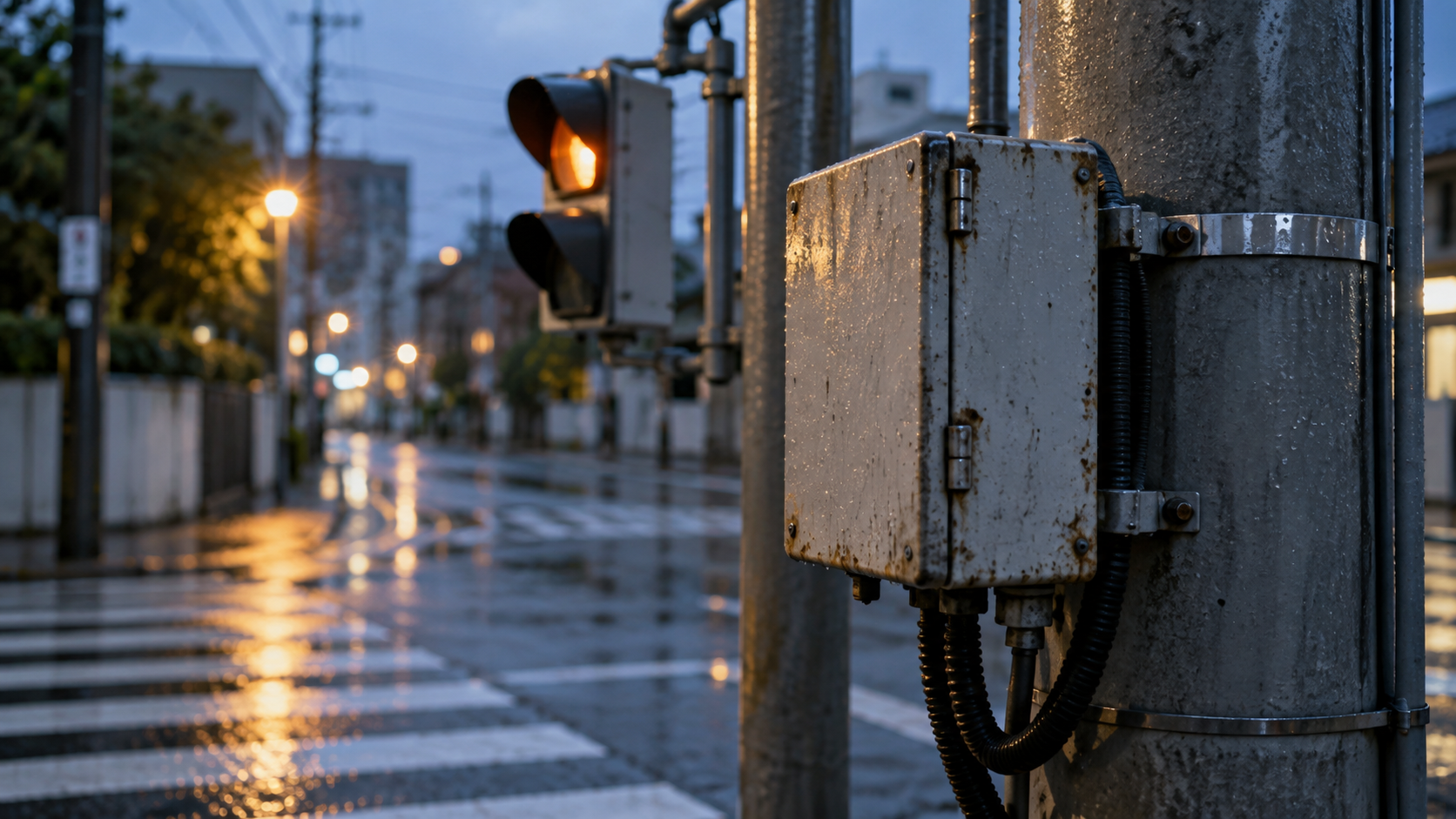 An unbranded weathered relay box is mounted on a concrete pole beside an out-of-focus pedestrian crossing on a rain-wet evening street.