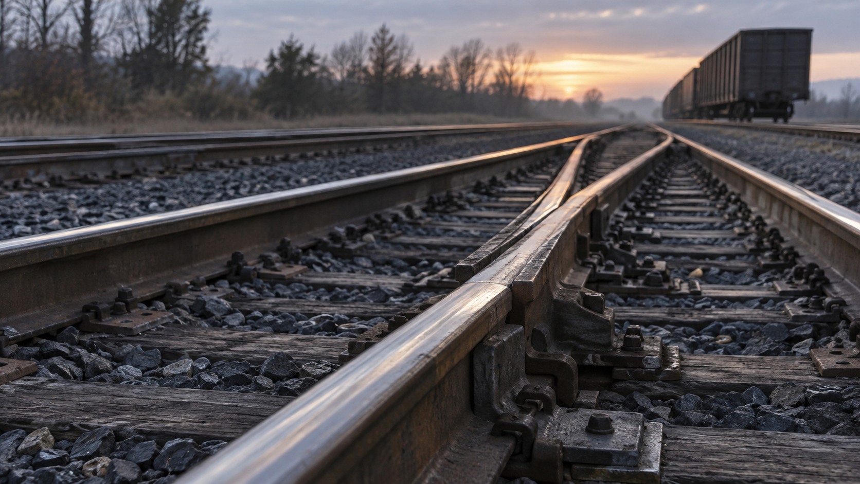 Close side view of an unbranded railway switch and ballast at dawn